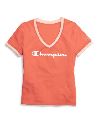 Champion Women's Heritage V-Neck Ringer Tee, Flocked Script Logo